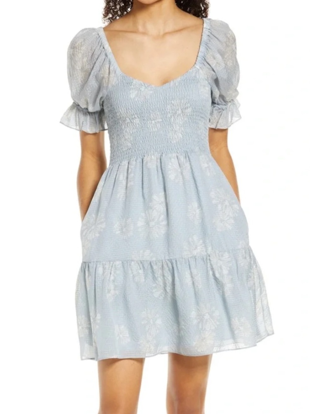 Madewell 100% Silk Pale Blue Smocked Puff Sleeve Mini Dress Cottagecore